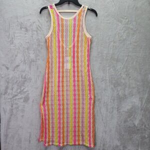 MIKEN Swim Cover Up Womens Size S Neon‎ Open Knit Striped Sleeveless Swimsuit